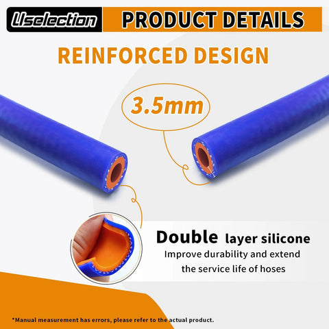 Two blue silicone heater hoses with orange inner lining; reinforced double-layer wall, 1/2 in ID, 5 ft length.