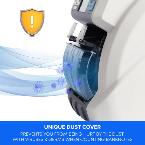 Close-up of the unique dust cover on the Dual Pocket Money Counter With Built In Receipt Printer And Bank Grade Counterfeit Detection For Hustle Ready Cash Sorting And Serial Number Tracking.
