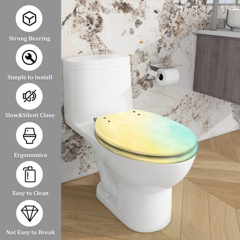 Elongated Toilet Seat Quiet Close Bathroom with colorful design installed on a modern toilet in a stylish bathroom.