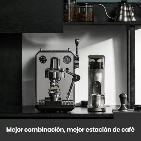 Kickstart Your Day With This Solid Gear Semi Automatic Espresso Maker featuring stainless steel body and coffee grinder on countertop.