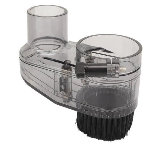 Kick Out Dust Clutter With This Top Shelf CNC Router Dust Shoe Featuring A Totes Clear ABS Body 38mm Suction Hose And Perfect 52mm Spindle Fit For Hassle Free Woodworking And Engraving Tasks, showing a transparent dust shoe with a connecting tube.