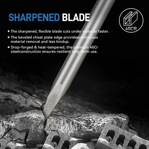 SDS Plus Rotary Hammer Chisel Set Four Piece Kit with pointed chisel cutting through concrete bricks with sharp blade detail.