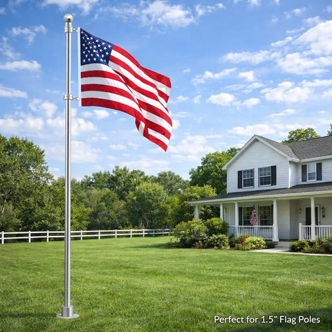 Top Notch 1.5 Inch Flag Pole Rings With Anti Wrap Swivel Clips And 360 Degree Rotating Aluminum Alloy Mounting Hardware For Rad Tangle Free Flag Flying With Rust Resistant Carabiners Two Pack, flag waving in outdoor setting.
