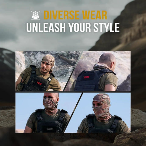 Man wearing Unisex Balaclava Face Mask And Neck Gaiter For Outdoor Adventures Full Head Wrap Cooling Tactical Hood, camo pattern