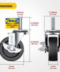 Premium Stem Casters Set Of 4 With Locking Brake Three Eighth 16 Thread One And One Half Inch Stem dimensions with detailed measurements.