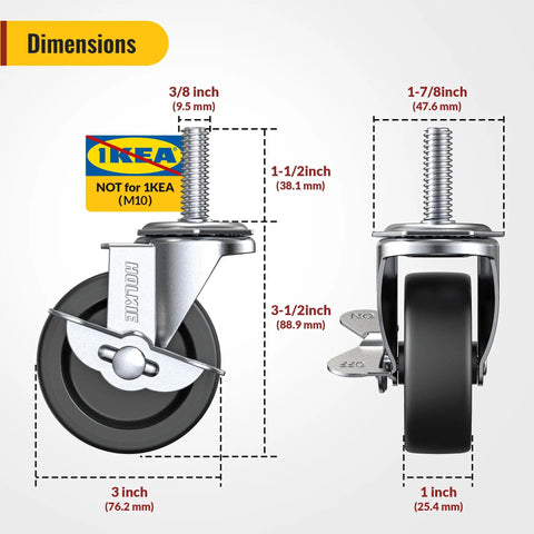 Premium Stem Casters Set Of 4 With Locking Brake Three Eighth 16 Thread One And One Half Inch Stem dimensions with detailed measurements.