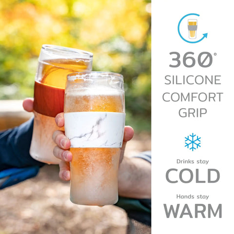 Freezable Beer Glasses Set Of 2 16 Oz Double Wall Insulated Pints Keep Brews Ice Cold Longer Gray Tumbler being held outdoors
