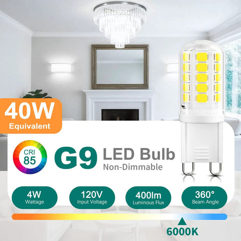 G9 LED Bulb 4W Cool White 6000K, 400 Lumens, 40W Halogen Equivalent, T4 Bi Pin, Non Dimmable shown in living room