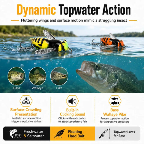 Bionic Wasp Topwater Lure for Freshwater and Saltwater, Floating Hard Bait With Carbon Steel Treble Hooks No 12, Realistic Wasp Design With Built-In Click Sound To Call In Bass Walleye Pike From A Distance, Your Go-To Lure.