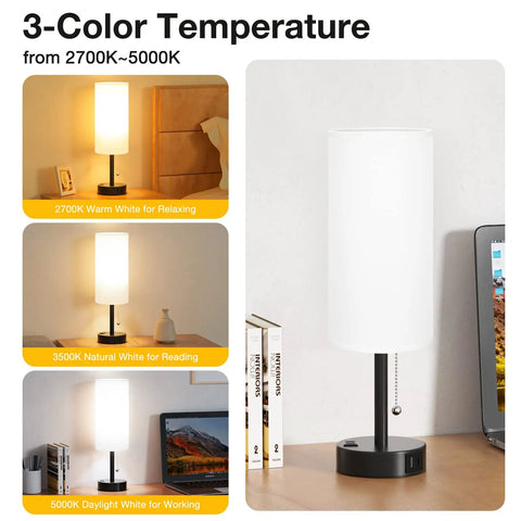 Bedroom Lamps Set of 2 With USB C and USB A Ports, 3 Color Modes 2700K to 5000K Nightstand Lamps with pull chain detail