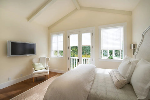 Bedroom with No Tools Light Filtering Pleated Paper Shade White 36 Inch Wide By 72 Inch Long Cordless Privacy Shade Pack Of 6 on windows.