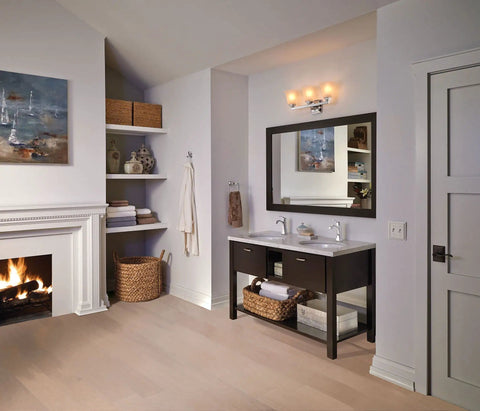 Bathroom with wall mount Voss Collection Modern Square hand towel ring in chrome finish near vanity and fireplace