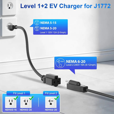 Portable Level 1 And 2 EV Charger With 25Ft Cable For On The Go And J1772 Plug connecting to NEMA 5-15 socket