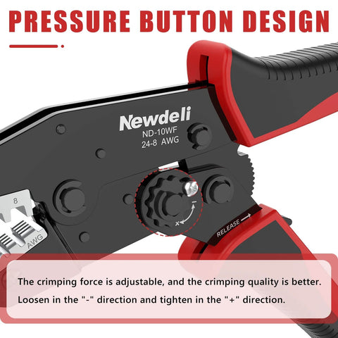 Ferrule Crimping Tool For 24-8 AWG Wire, Ratchet Crimp Tool showing adjustable pressure button design
