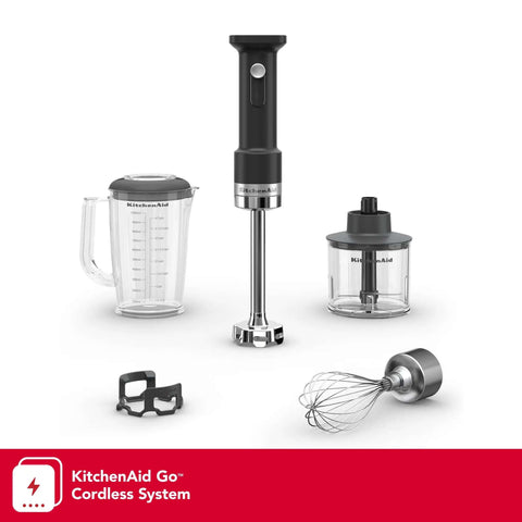 Wireless Stick Blender Set With Whisk No Cords Attached 7 Inch Blending Arm Stainless Steel Blade For Smoothies Soups And Milkshakes includes mixing cup and attachments.