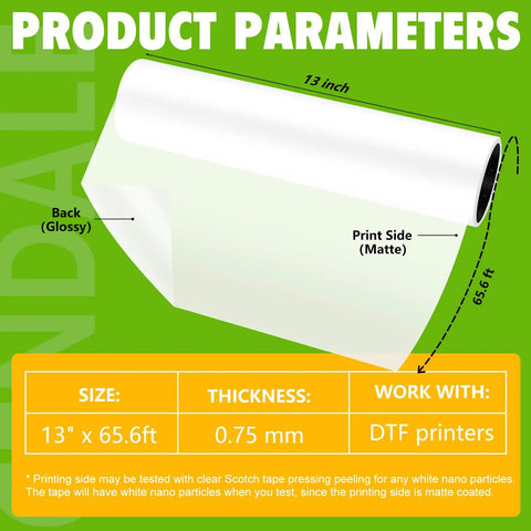 DTF Transfer Film Roll 13 By 65.6 Feet Premium A3 Plus Double Sided Matte Clear Pre Treat PET Heat Transfer Paper Hot And Cold Peel