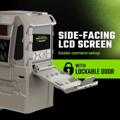 Legit Cellular Trail Camera Two Pack Delivering Serious Battery Life And Sharp Night Vision For Wildlife Scouting Plus Microfiber Cloth Straight Up Built For Hunters showing side-facing LCD screen and lockable door.