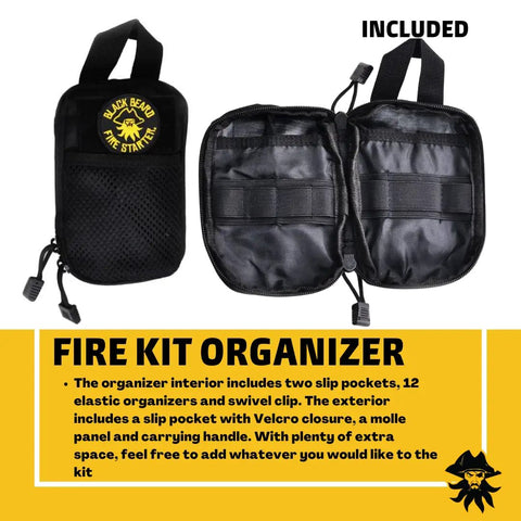 Campfire Fire Starter Kit With Rope And Ferro Rod, Easy Spark System, organizer with pockets and Velcro patch shown open