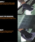Ceramic Glass Coat Protectant for Windshields application steps with gloved hand applying, waiting for beading, and buffing