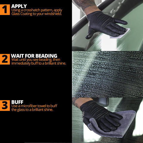 Ceramic Glass Coat Protectant for Windshields application steps with gloved hand applying, waiting for beading, and buffing