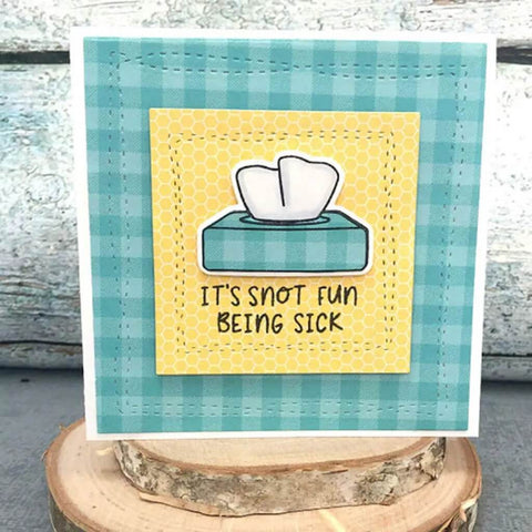 Greeting card with tissue box and 'It's snot fun being sick' text, made using Clear Stamp And Die Set For Card Making And Scrapbooking With Carbon Steel Dies And TPR Stamp Material Easy To Use On Any Acrylic Block For Embossing And Photo Album Decor Durable Non Yellowing Go To Craft Supplies For Card Makers