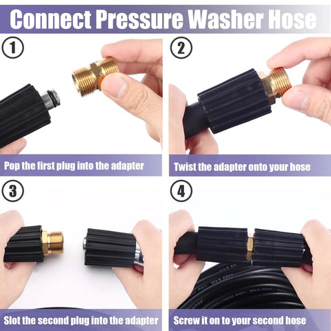 Yakamoz 4-piece brass pressure washer hose adapters with black grips; M22-14mm male coupler, four-step hookup.