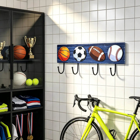 Hang Your Game Day Gear On This Slick Sturdy Four Hook Wooden Wall Rack Built For Displaying Baseball Basketball Football Jerseys And Athletic Room Storage.