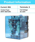 Heavy Duty Electromagnetic Relay AC 220V Coil DPDT 80A Switch 2NO 2NC Contacts shown with clear housing and eight terminals.
