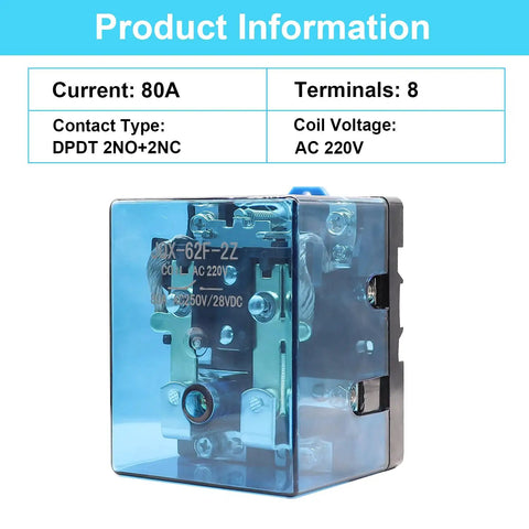 Heavy Duty Electromagnetic Relay AC 220V Coil DPDT 80A Switch 2NO 2NC Contacts shown with clear housing and eight terminals.