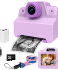 Instant Print Camera For Kids Portable Kid Camera With Built In Printer Lets Little Photogs Snap And Print On The Go A Fun Gift For Girls Ages 3 To 12 For Holidays Birthdays Travel Friendly Toy, purple front view with printout and accessories