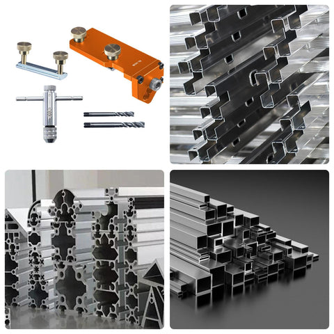 Heavy Duty Aluminum Profile Tapping Guide Drill Jig For Metal Extrusion Tracks with drills and aluminum extrusions.