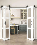 32 By 84 Inches Sliding Bifold Barn Door With Clear Glass Top Shelf Space Saving Interior Panel For Tight Spaces Bedroom Pantry Laundry Smooth Operator in kitchen view