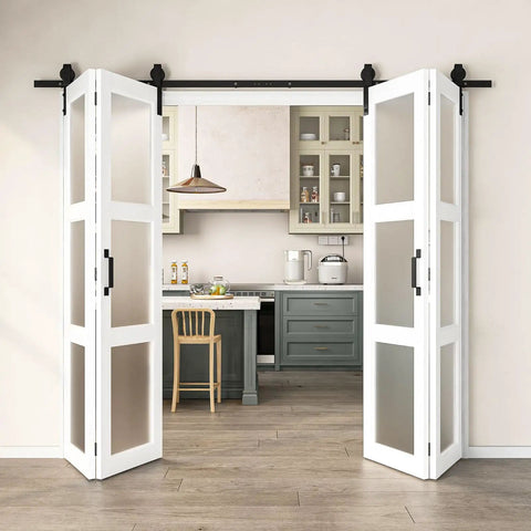 32 By 84 Inches Sliding Bifold Barn Door With Clear Glass Top Shelf Space Saving Interior Panel For Tight Spaces Bedroom Pantry Laundry Smooth Operator in kitchen view