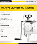 Manual Oil Press Machine For Home Use, Seed And Nut Oil Expeller For Peanut Oil, Physical Pressing Technology, Durable Stainless Steel Construction displayed on a table.