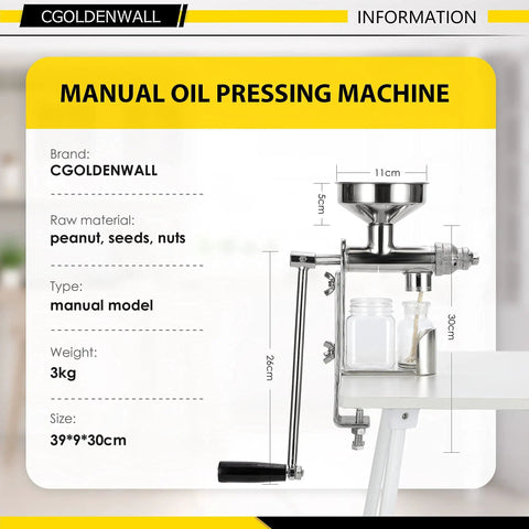 Manual Oil Press Machine For Home Use, Seed And Nut Oil Expeller For Peanut Oil, Physical Pressing Technology, Durable Stainless Steel Construction displayed on a table.