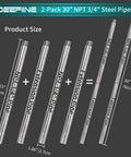 Heavy Duty 3/4 Inch Threaded Steel Pipe Extenders 2 Pack 30 Inches Long For Pipe Clamps And Woodworking Jigs showing size and fittings.