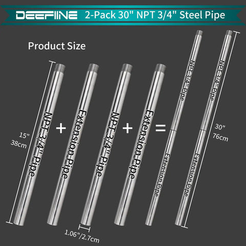 Heavy Duty 3/4 Inch Threaded Steel Pipe Extenders 2 Pack 30 Inches Long For Pipe Clamps And Woodworking Jigs showing size and fittings.