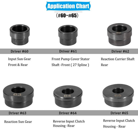 Chart with bushings from 13 Piece Bushing Seal Installer And Remover Tool Kit For GM 700R4 4L60 4L60E 4L65E Transmissions