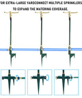 Three Arm Garden Sprinkler Set Tall Adjustable Base Two Pack Lawn Watering System With 360 Degree Rotation Covers Up To 1900 Sq Ft Easy Setup For Large Yards And Gardens on green stakes