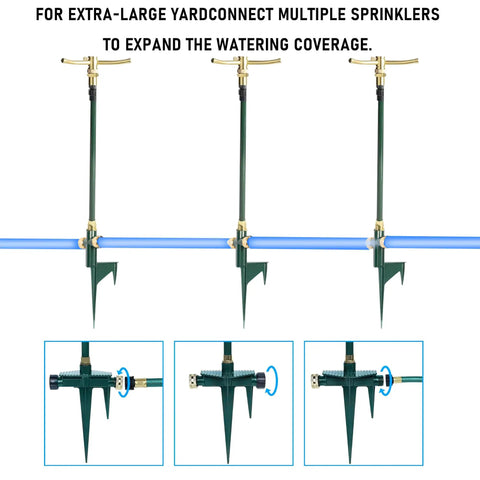 Three Arm Garden Sprinkler Set Tall Adjustable Base Two Pack Lawn Watering System With 360 Degree Rotation Covers Up To 1900 Sq Ft Easy Setup For Large Yards And Gardens on green stakes