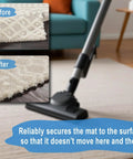 Vacuum on rug with before-after inset showing rug tape effectiveness for Double Sided Rug Tape For Hardwood Floors 2 Inch By 15 Yards Non Slip Grip For Tile And Wood Easy To Remove Without Residue Rug Tape That Keeps Rugs In Place On Any Surface.