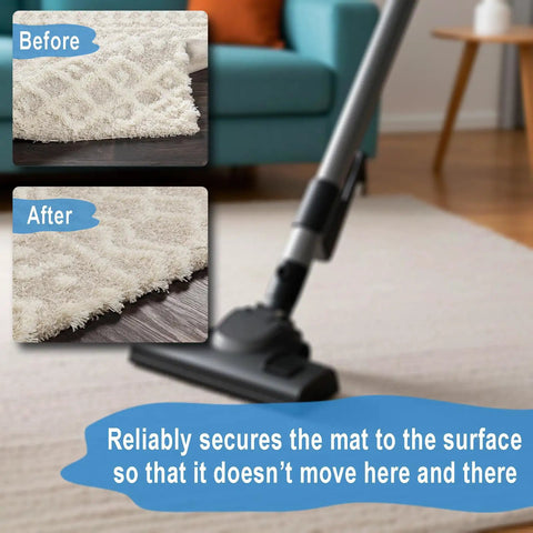 Vacuum on rug with before-after inset showing rug tape effectiveness for Double Sided Rug Tape For Hardwood Floors 2 Inch By 15 Yards Non Slip Grip For Tile And Wood Easy To Remove Without Residue Rug Tape That Keeps Rugs In Place On Any Surface.