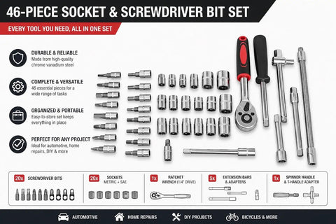 All In One 46 Piece Socket And Screwdriver Bit Set With Ratchet Wrench And Extension Bars For Auto And Home DIY Projects, Chrome Vanadium Steel Construction, Metric And SAE Sockets, Portable Storage Case