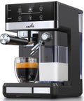 Heavy Duty 20 Bar Automatic Espresso Machine With Hella Rich Crema And Kickin Smooth Milk Frothing For Straight Up Pro Level Cappuccino Latte Coffee Brewing with espresso shot and milk frother.