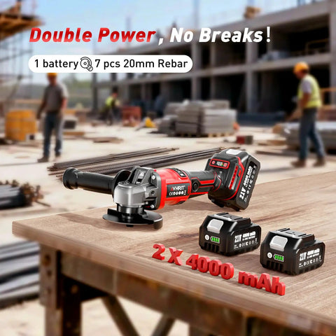 Cordless 4-1/2 Inch Angle Grinder With 21V Brushless Motor Includes 2x4.0Ah Batteries on construction site table