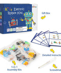 Five Robot STEM Kit For Kids Ages Seven and Up with assembly kits, instructions, and screwdriver shown on white background.