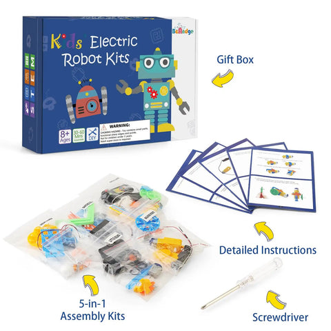 Five Robot STEM Kit For Kids Ages Seven and Up with assembly kits, instructions, and screwdriver shown on white background.