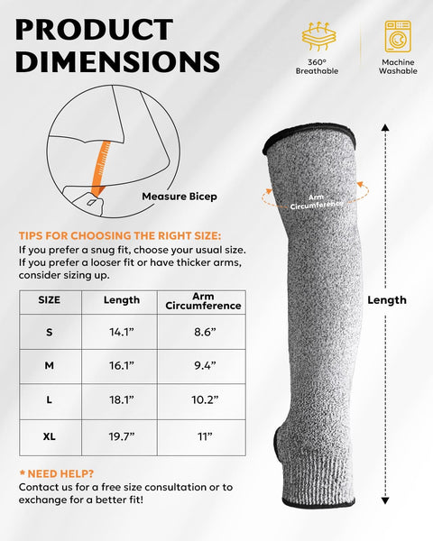 Product dimensions for cut resistant arm sleeves for work and gardening, protective arm protectors for men with thumb hole, extra large.