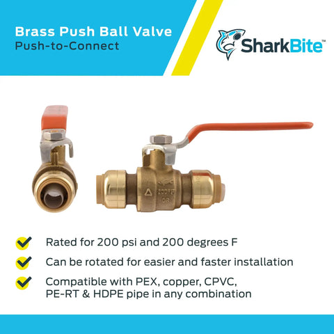 Plug And Play Push To Connect Brass Ball Valve Half Inch No Fuss Shutoff For PEX Copper CPVC PE-RT SDR-9 HDPE Pipes, DIY Friendly