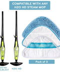 HD Steam Mop Floor Pad 3 Pack Replacement Set with mop models, microfiber everyday and coral cloth pads displayed